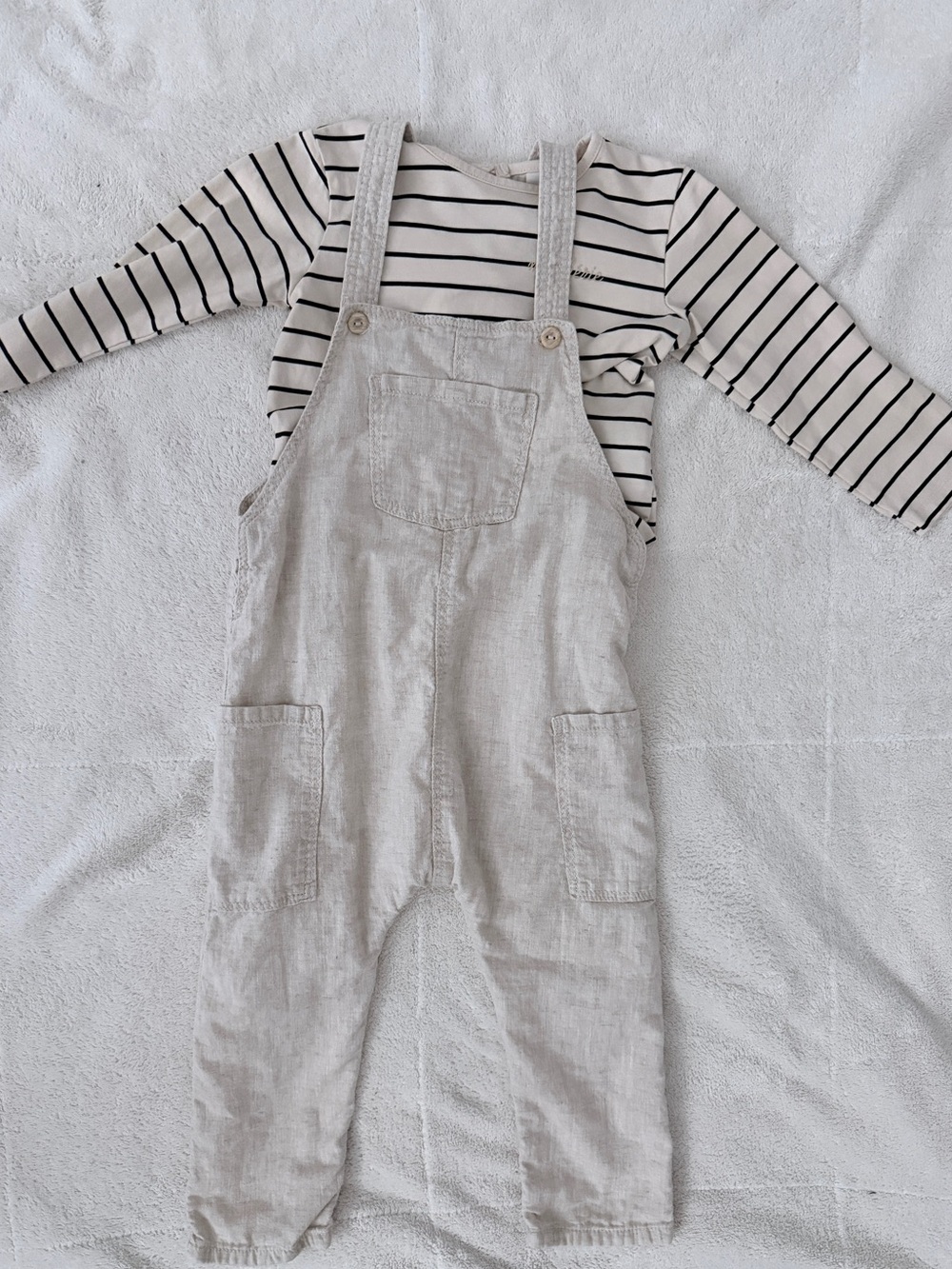 H&M Cream Linen-Blend Kids Overalls with Striped Under Shirt